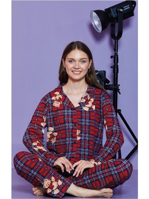 Moda Banuş Bordo Ekose Ayılı Gömlek Yaka Pijama Takımı