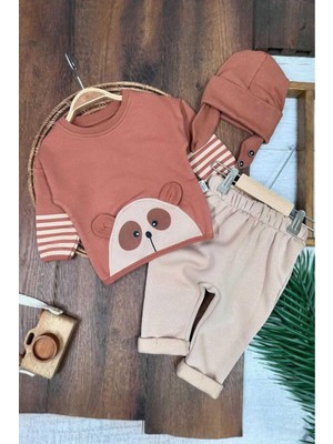 Dinamik çocuk Ayıcık Baskılı Mevsimlik Şeritli Kol Detaylı Kulaklı Bere Oversize 3lü Erkek Bebek Takım Aylık