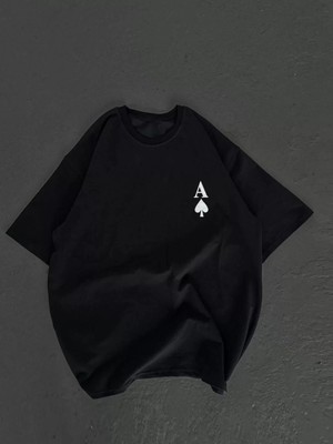 Moda Unisex Bisiklet Yaka Baskılı Oversize T-Shirt - Siyah