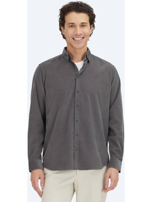 Kip Gri Çizgili Regular Fit Dokuma Kadife Casual %100 Pamuk Gömlek