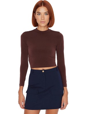 Ersefa Stil Kadın Fitted Vücuda Oturan Kol Büzgülü Esnek Bluz Crop Örme Slim Kalıp