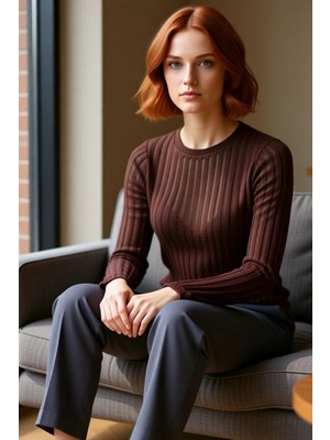 FRM Kadın Moda Şık Regular Bisiklet Yaka Regular Kalıp Örme Transparan Triko Görünümlü Kumaş Boy Bluz