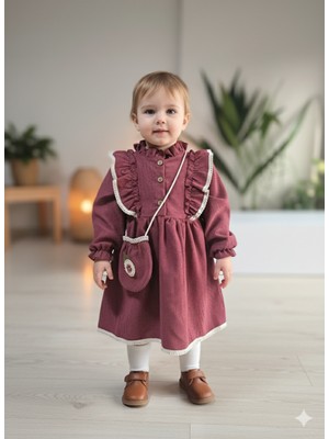 Şimo Butik Uzun Kollu Dantel Detaylı Vintage Fitilli Kadife Çantalı Kız Çocuk Elbisesi