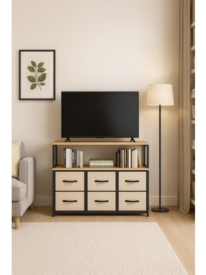 Miyuhome 2 Raflı 6 Çekmeceli Tv Sehpası Deri Çekmeceli Tv Ünitesi Kitaplıklı Tv Sehpası