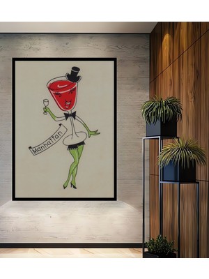 Teona Ahşap Dekoratif Ahşap Dikdörtgen Tablo Manhattan Içkisi Çizimi Çerçeve Görünümlü