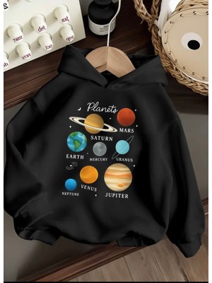 Punix Kids Punıx Kıds Özel Üretim Planets Baskılı Kapüşonlu %100 Pamuk Cepsiz Oversize Kız Çocuk Seatshırt