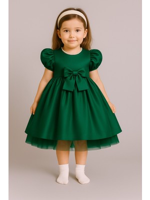 Kız Çocuk Ön Arka Fiyonk Detaylı Yaka Incili Balo Parti Mezuniyet Doğum Günü Elbise