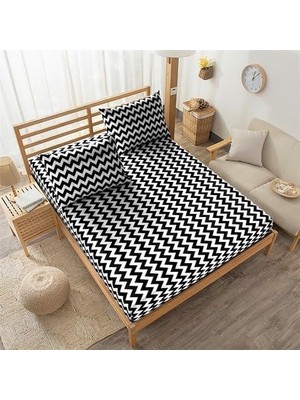 Çift Kişilik Battal Boy 180X200 Lastikli Çarşaf Takımı - Siyah-Beyaz Zikzak Desenli