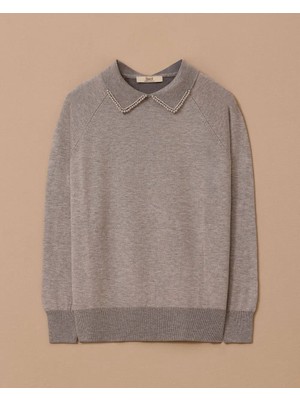 Seçil 10002521710008 Yakası Inci Detaylı Kol Ucu ve Etek Ucu Lastikli Kısa Triko Bluz