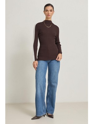 Setre Acı-Kahve Uzun Kollu Şerit Detaylı Triko