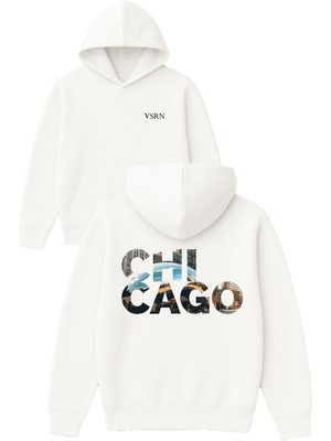 Vsrn Chıcago Dünya Tasarım Baskılı Oversize Beyaz Kapüşonlu Sweatshirt