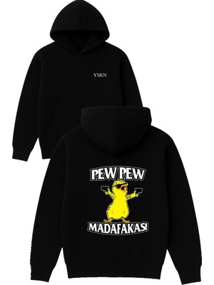 Vsrn Pew Pew Tasarım Baskılı Oversize Siyah Kapüşonlu Sweatshirt
