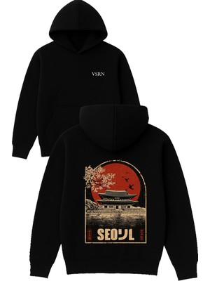 Vsrn Seoul Tasarım Baskılı Oversize Siyah Kapüşonlu Sweatshirt