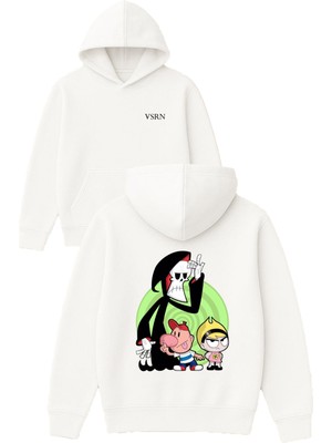 Vsrn Hayalet ve Arkadaşları Tasarım Baskılı Oversize Beyaz Kapüşonlu Sweatshirt