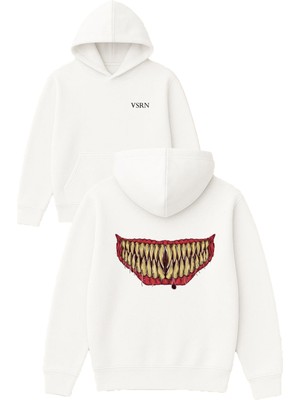 Vsrn Canavar Dişleri Tasarım Baskılı Oversize Beyaz Kapüşonlu Sweatshirt