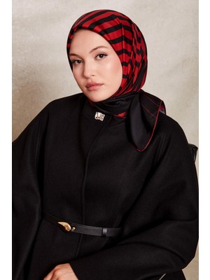 Lêvi D'or Kırmızı Şerit Desenli Twill İpek Eşarp