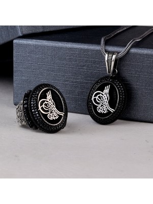 Takı925 925 Ayar Gümüş Mikro Taşlı Tuğra Model Kolye Yüzük Kombini