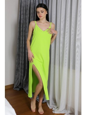 Celira Kadın Ip Askılı Uzun Yırtmaçlı Pamuk Penye Gecelik Yeşil
