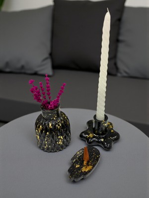 Jakaranda 3’lü Siyah Gold Masa Üstü Dekoratif Set – Mumluk, Vazo, Tütsülük ( Mum, Tütsü ve Lavanta Dahil )