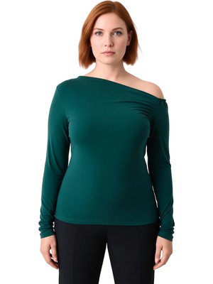 Ersefa Kadın Uzun Kollu Asimetrik Yaka Polyester Bluz Sandy Dokuma Günlük Tarz Büzgülü Tasarım Kaliteli