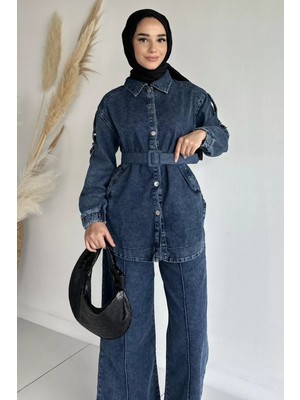 Julude Kemerli Jean Kot Ceket Pantolon Tesettür Ikili Takım P-00018909