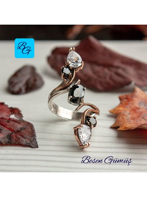 Besen Gümüş Damla Zirkon Oniks Taşlı Mekik Yüzük
