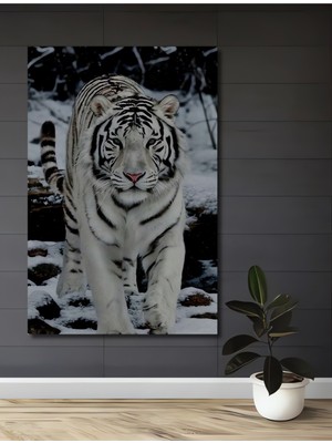 Teona Ahşap Dekoratif Ahşap Dikdörtgen Tablo Beyaz Kaplan Kar Üzerinde