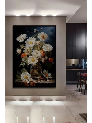 Teona Ahşap Dekoratif Ahşap Dikdörtgen Tablo Papatyalar ve Turuncu Çiçekler Çerçeve Görünümlü