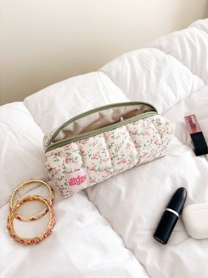 Pıtırcık Çiçekli Tek Gözlü Kalemlik Yıkanabilir Yeşil Fermuarlı Okul Kalem Kutusu Bej Kalemlik