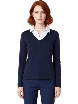 Ersefa Stil Kadın Dokuma Detaylı Gömlek Yaka Normal Kalıp Bluz Uzun Örme Regular Kalıp