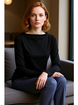 FRM Kadın Moda Şık Üst Giyim Regular Kayık Yaka Ispanyol Kol Relaxed Kalıp Örme Rahat Kalıp Esnek Bluz