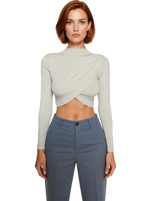 Ersefa Moda Dik Yaka Örme Slim Düz Desen Şık Gece Crop Uzun Kol Bluz