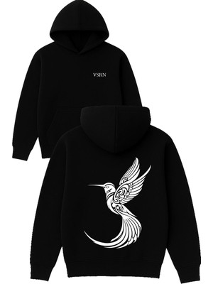 Vsrn Cennet Kuşu Tasarım Baskılı Oversize Siyah Kapüşonlu Sweatshirt