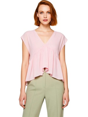 Ersefa Kadın V Yaka Kolsuz Dökümlü Polyester Dokuma Bluz Kaliteli Şık Rahat Modern Zarif Günlük