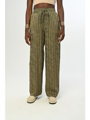Orfeonegro Kadın Beli Lastikli Bol Paça Çizgili Desenli Haki Renk Pantolon