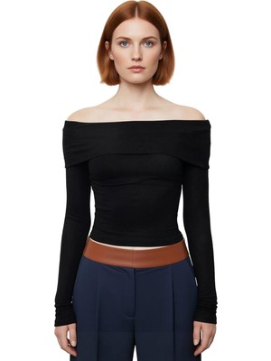 Ersefa Stil Kadın Kısa Esnek Bluz Crop Örme Slim Kalıp