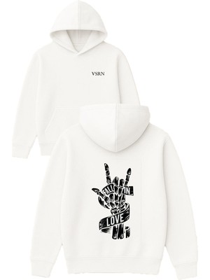 Vsrn Fall In Love Tasarım Baskılı Oversize Beyaz Kapüşonlu Sweatshirt