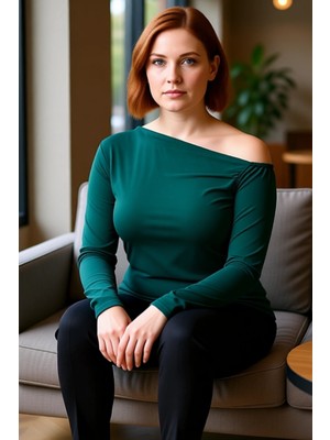 FRM Kadın Moda Şık Büyük Beden Regular Asimetrik Yaka Fitted Kalıp Örme Büzgülü Tek Omuz Bluz