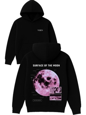 Vsrn Surface Of The Moon Tasarım Baskılı Oversize Siyah Kapüşonlu Sweatshirt