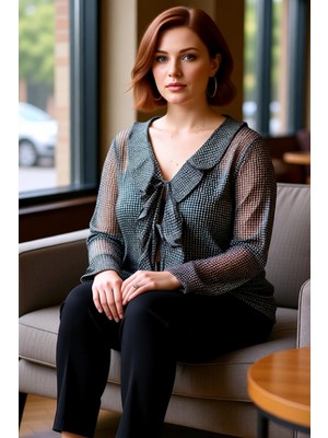 FRM Kadın Ekose Desenli Tül Bağcıklı V Yaka Bluz Kaliteli Şık Rahat Modern Zarif Günlük