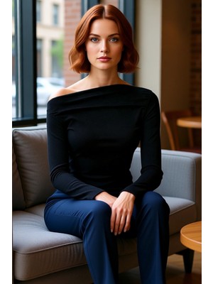 FRM Kadın Moda Şık Üst Giyim Uzun Kayık Yaka Slim Kalıp Örme Drapeli Asimetrik Esnek Bluz