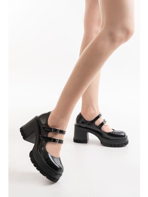 Asmi Shoes Kadın Samba Iki Baletli 8 cm Topuklu Platformlu Ayakkabı  Siyah Rugan