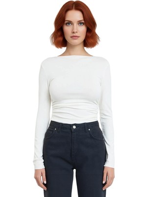 Ersefa Stil Kadın Fitted Vücuda Oturan Büzgü Drape Detaylı Esnek Bluz Crop Örme Slim Kalıp Düşük Kol