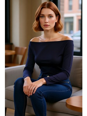 FRM Kadın Şık Regular Kayık Yaka Düşük Kol Slim Kalıp Örme Fitted Vücuda Oturan Kol Viskoz Esnek Bluz