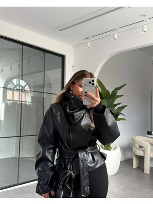 bysedaortac Dik Yaka Belden Kuşaklı Deri Ceket