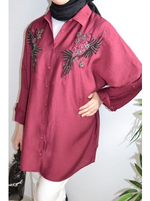 Asela Önü Nakışlı Keten Karışımlı Tesettür Gömlek Tunik