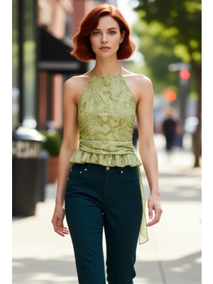 PayBuy Kadın Halter Yaka Kolsuz Fırfırlı Örme Tül Kaliteli Şık Rahat Modern Zarif Günlük