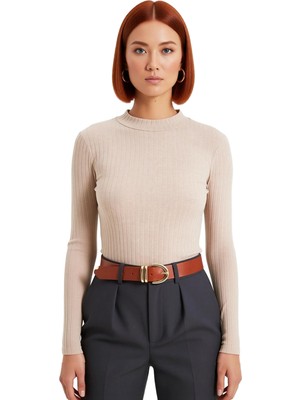 Ersefa Kadın Uzun Kollu Orta Kalınlıkta Örme Bluz Fitted Kesim ve Dik Yaka Ile Kış Kombinlerinizde Cool