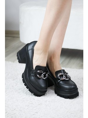 Asmi Shoes Kadın Kalın  Toka 8 cm  Platformlu Loafer Ayakkabı  Siyah Cilt