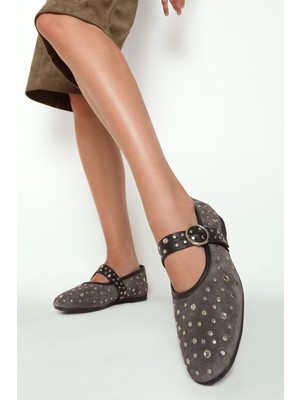 Derimod Kadın Antrasit Tokalı Süet Deri Babet 25AFD270810